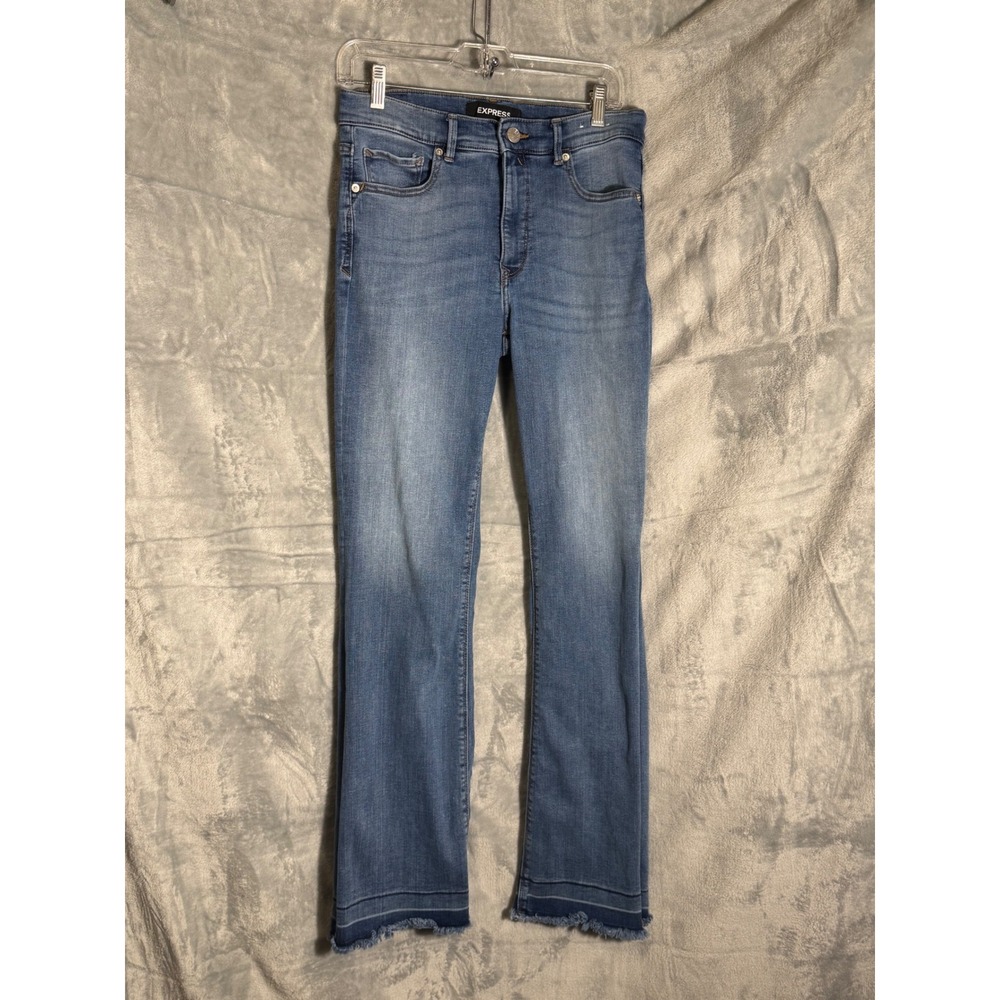 Express Denim Perfect High Rise Bootcut Jeans Blue Raw‎ Hem Stretch 8r 32 inseam